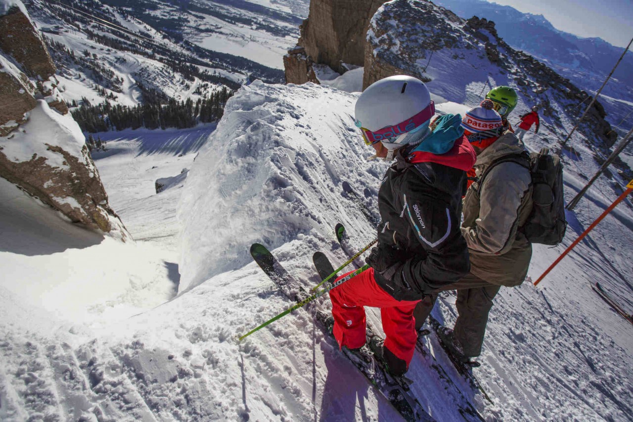 Skiers Inspecting The Famous Corbet S Couloir At Jackson Hole